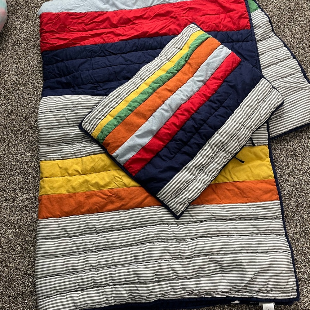Red and Blue Quilted Striped Quilt Set